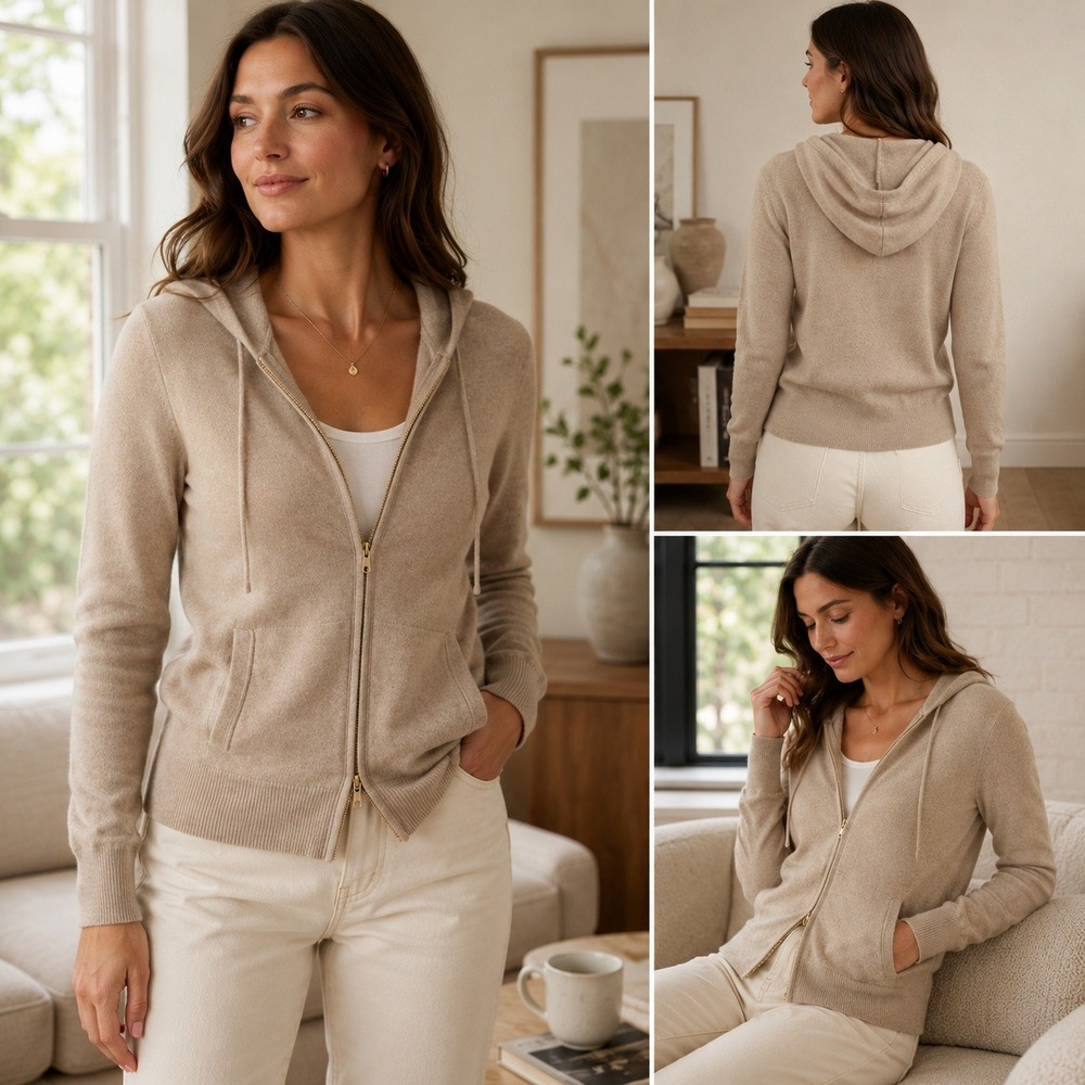 J.Crew Collection Cashmere Full Zip Hoodie Sweater Oatmeal Beige Womens S